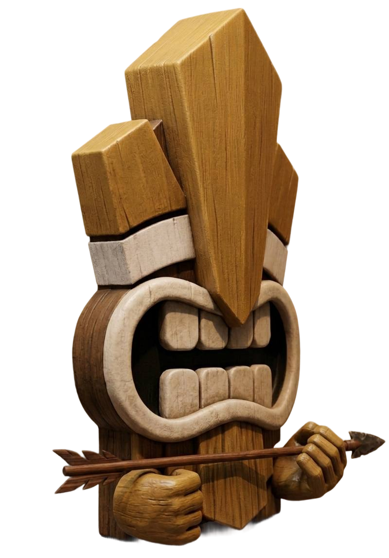 Wooden tiki figure with large teeth and holding an arrow horizontally with both hands.