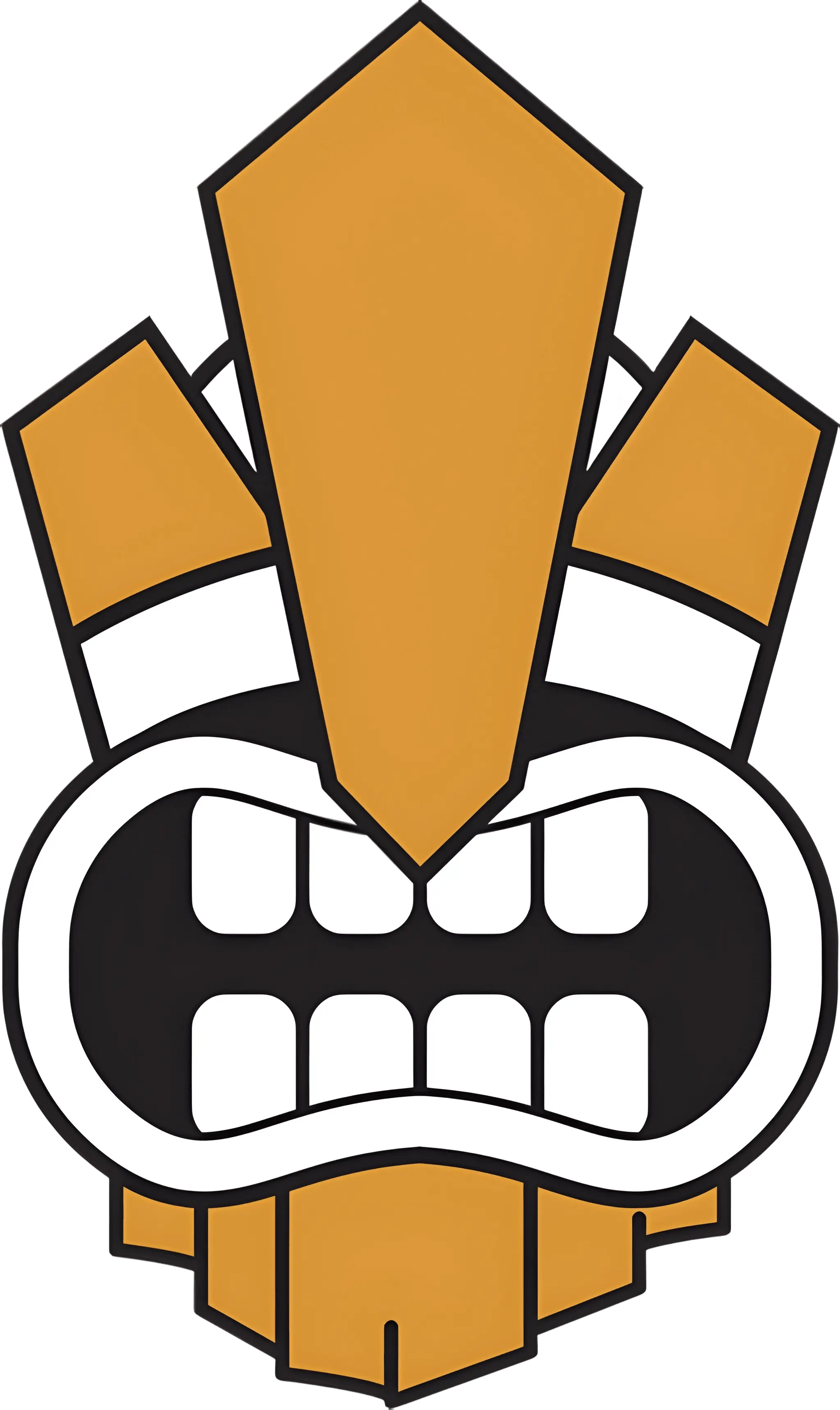 Stylized cartoon face with orange and white geometric shapes and gritted teeth expression.