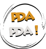 Stylized text PDA PDA! in orange and white inside a circular brushstroke frame on black background.