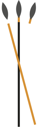 Three arrows with black feather fletchings and shafts in white, black, and brown colors.