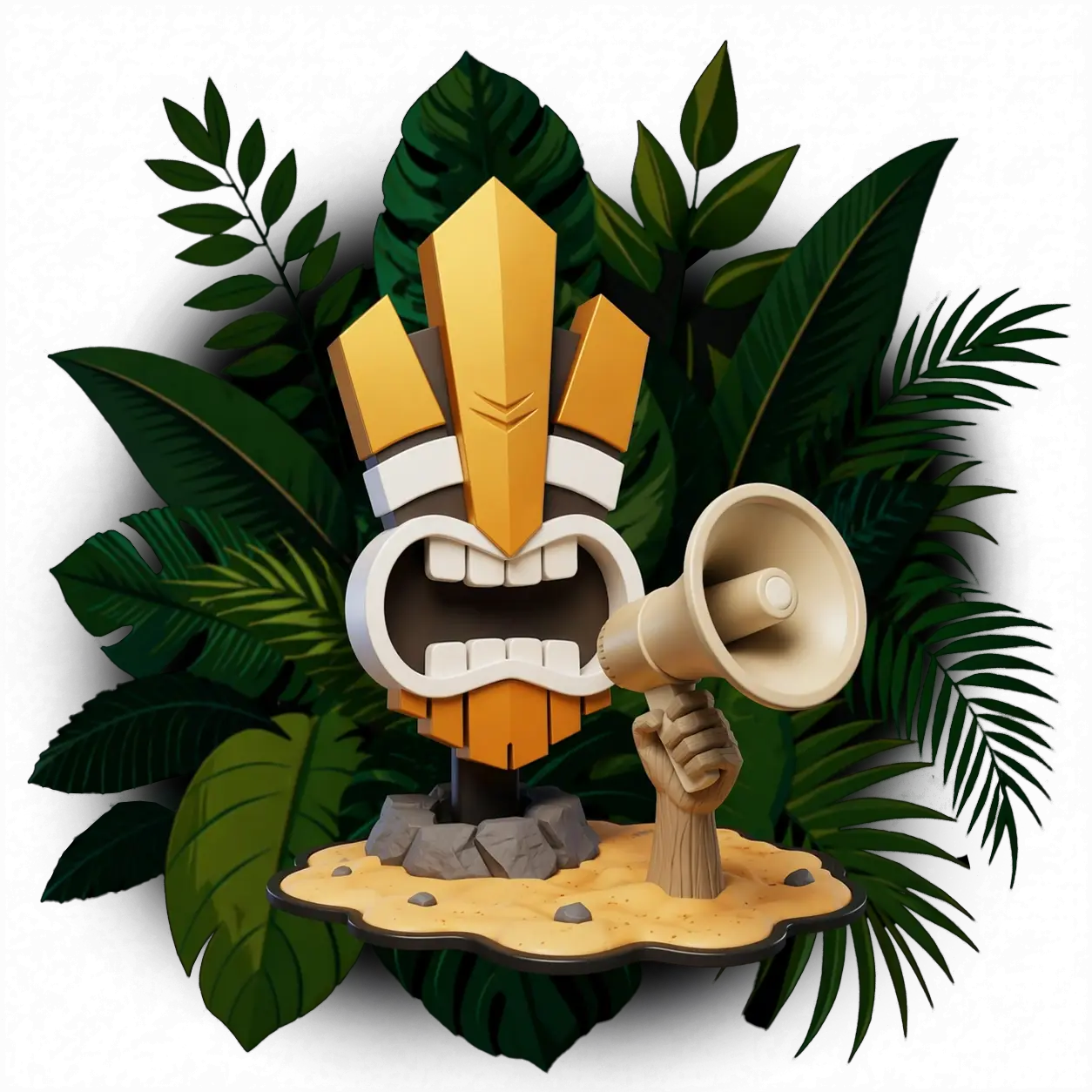 Stylized cartoon tiki mask with a wide open mouth and teeth, mounted on a rock base with a wooden hand holding a megaphone, set against large tropical leaves on a black background.