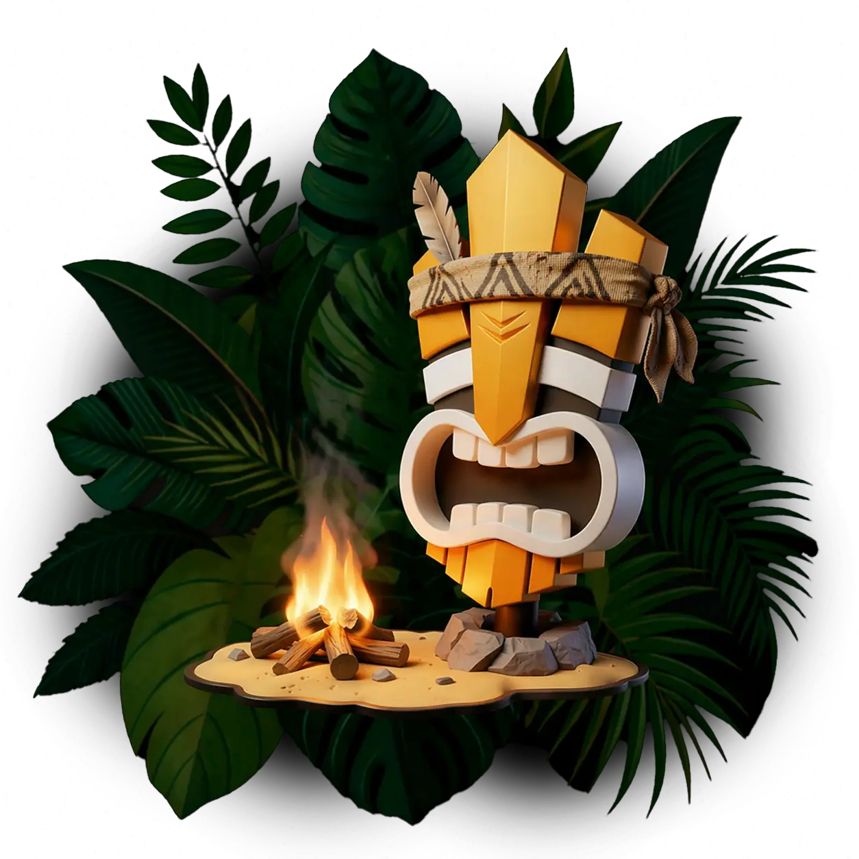 Stylized tribal mask sculpture with a feather and headband, next to a small campfire on a sandy surface with green tropical leaves in the background.
