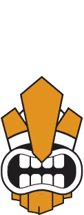 Stylized tribal mask with orange and white colors showing a fierce expression with clenched teeth.