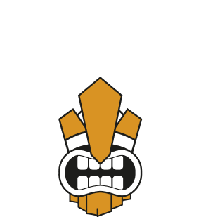 Stylized cartoon face with angry expression, clenched teeth, and orange geometric shapes resembling a mask or headdress.