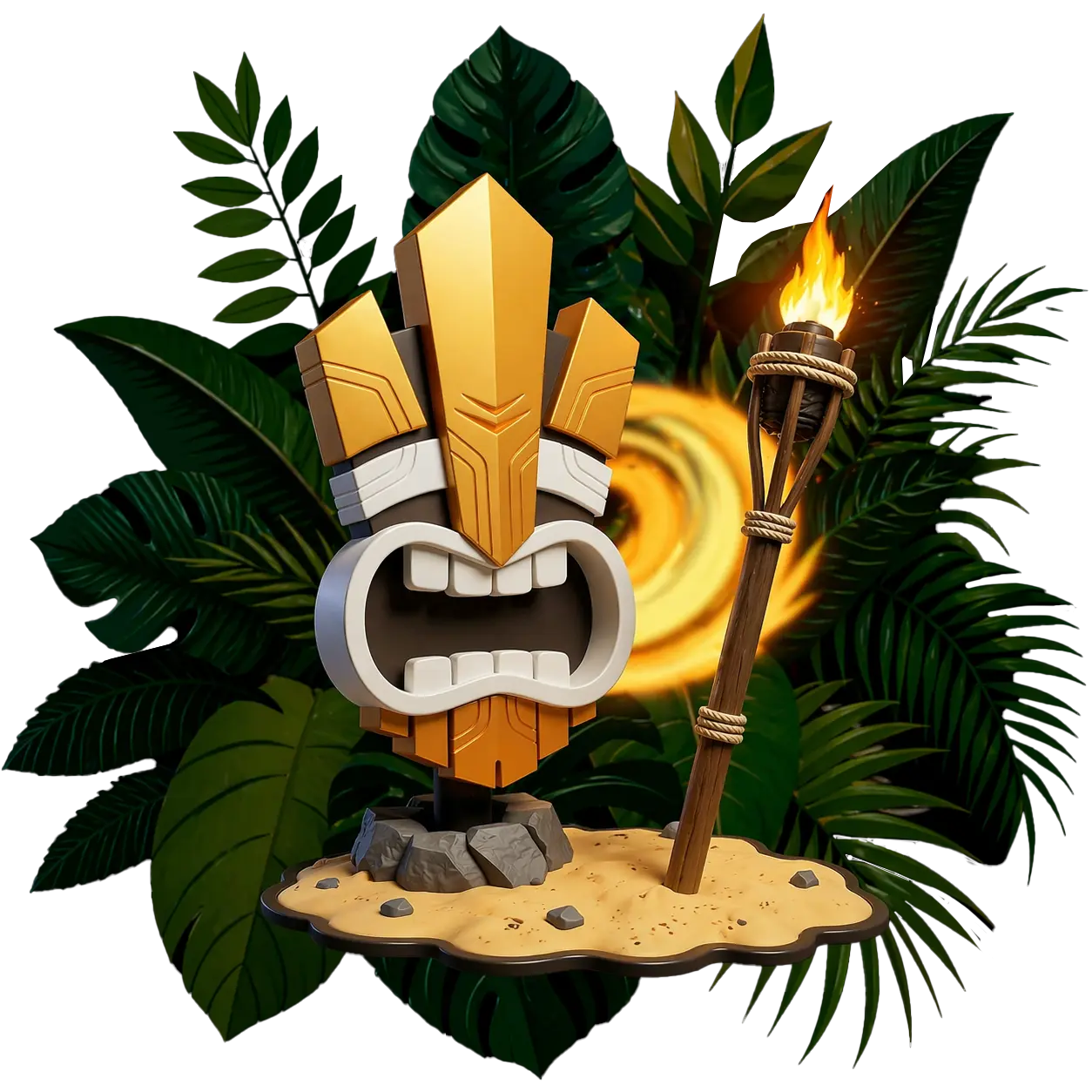 3D stylized tiki mask with gold and white elements on a sandy base beside a lit torch and green tropical leaves background.