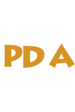 Text with 'WE' in white, 'PDA' in orange, and 'YOU' in white on a black background.