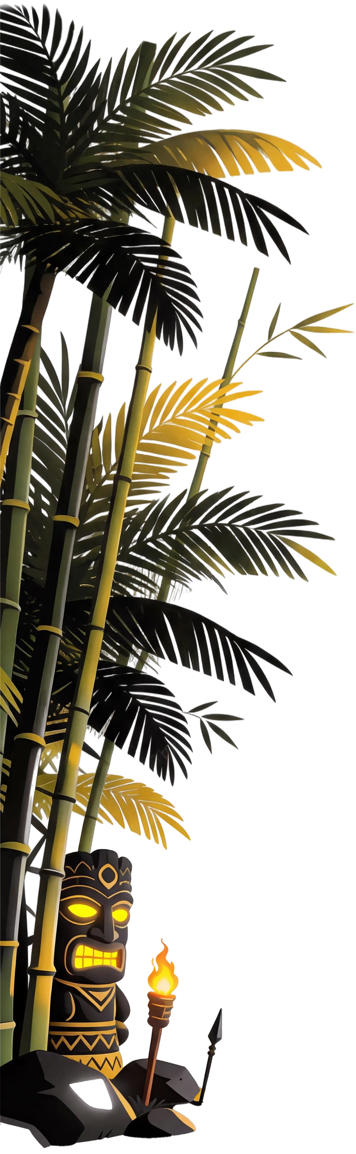 Glowing tiki statue holding a torch and spear, surrounded by tall tropical bamboo plants with green and yellow leaves on a black background.