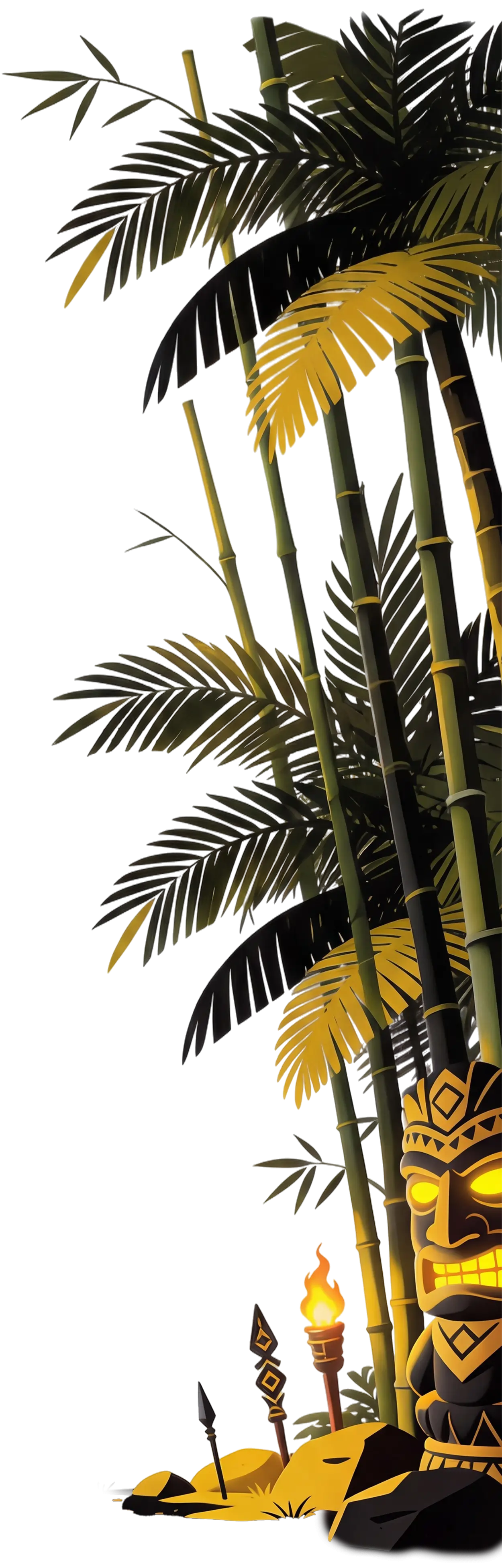 Tiki statue with glowing eyes and mouth beside bamboo stalks, yellow palm leaves, rocks, and a lit torch on a dark background.
