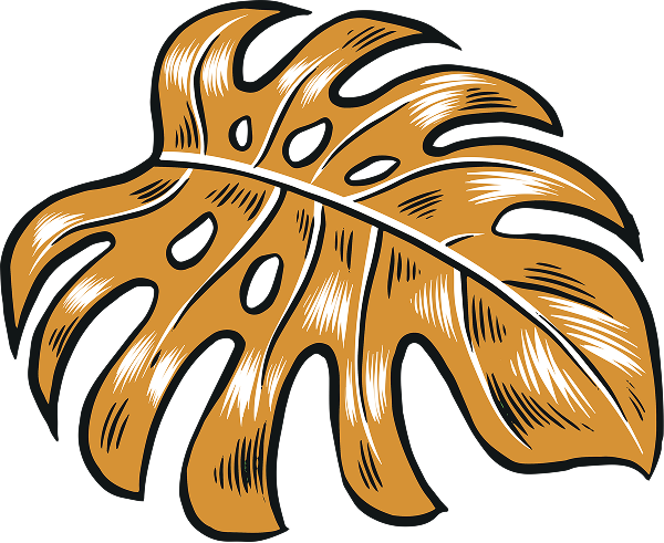 Illustration of an orange monstera leaf with black and white shading details.